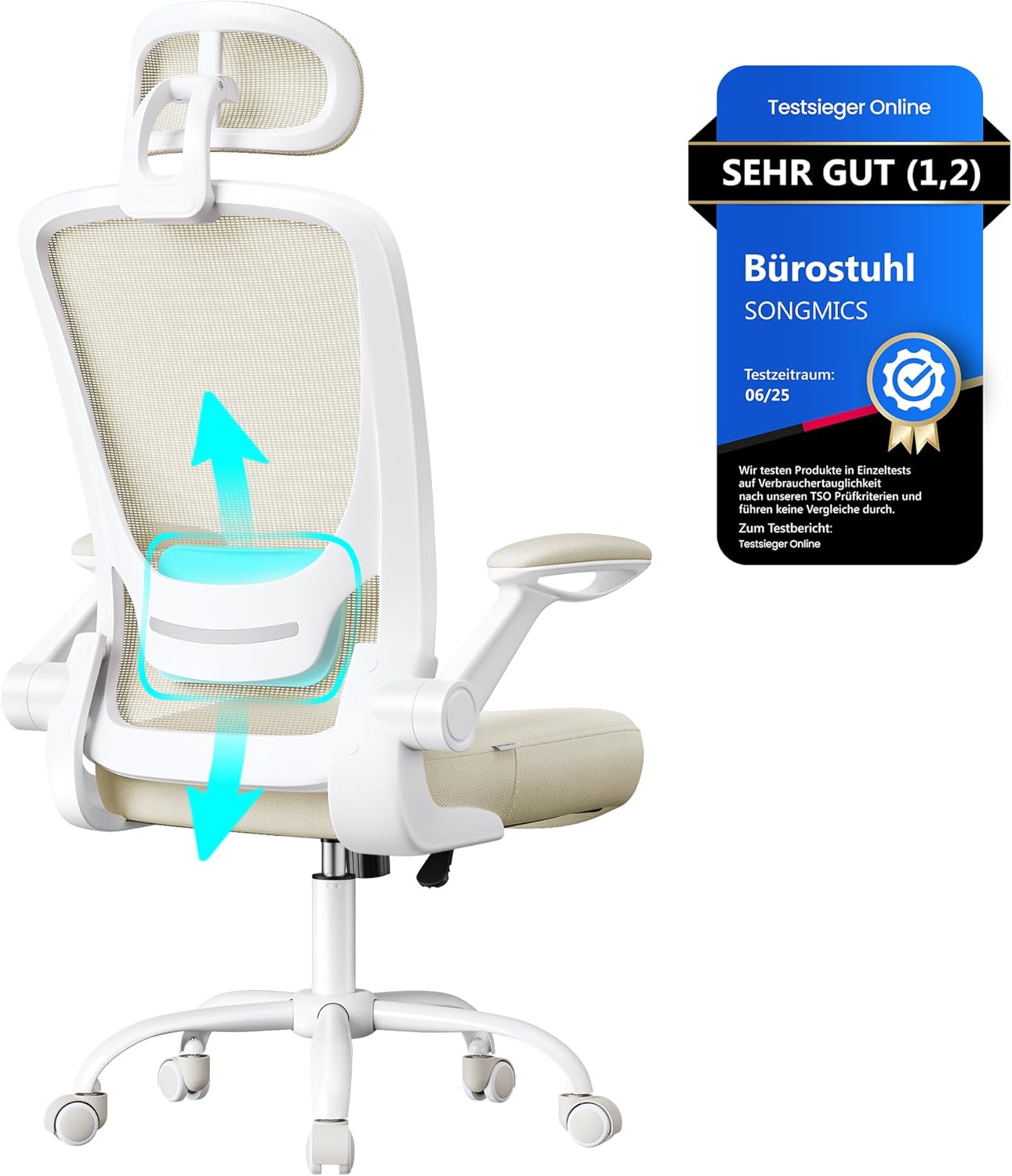 Ergonomischer Drehstuhl mit Kopfstütze, Cappuccinobeige Mit Kopfstütze