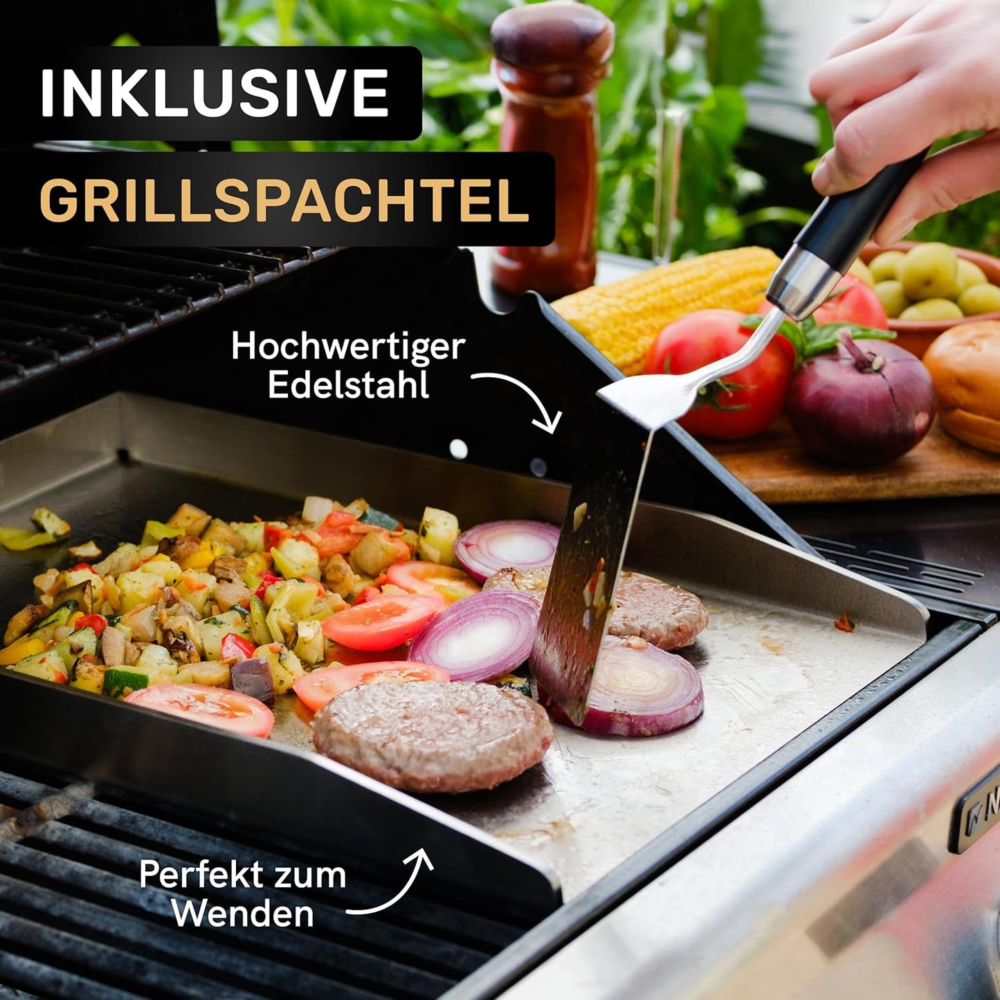 Premium Grillplatte für Gasgrill, mit Spachtel, 41.8 x 27 x 3 cm, Edelstahl