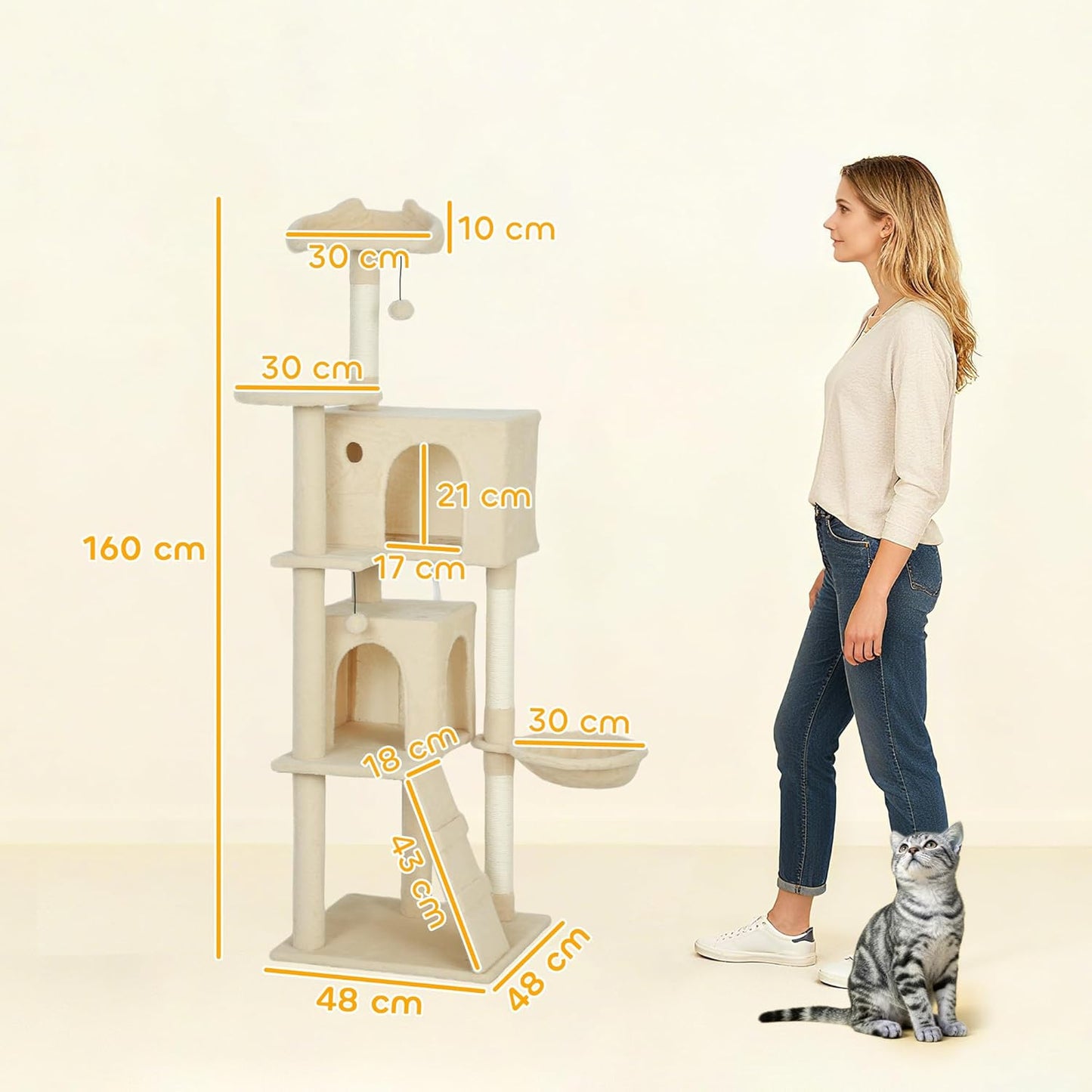 Kratzbaum mit Höhlen und Hängematte (160 cm), Beige 160H cm