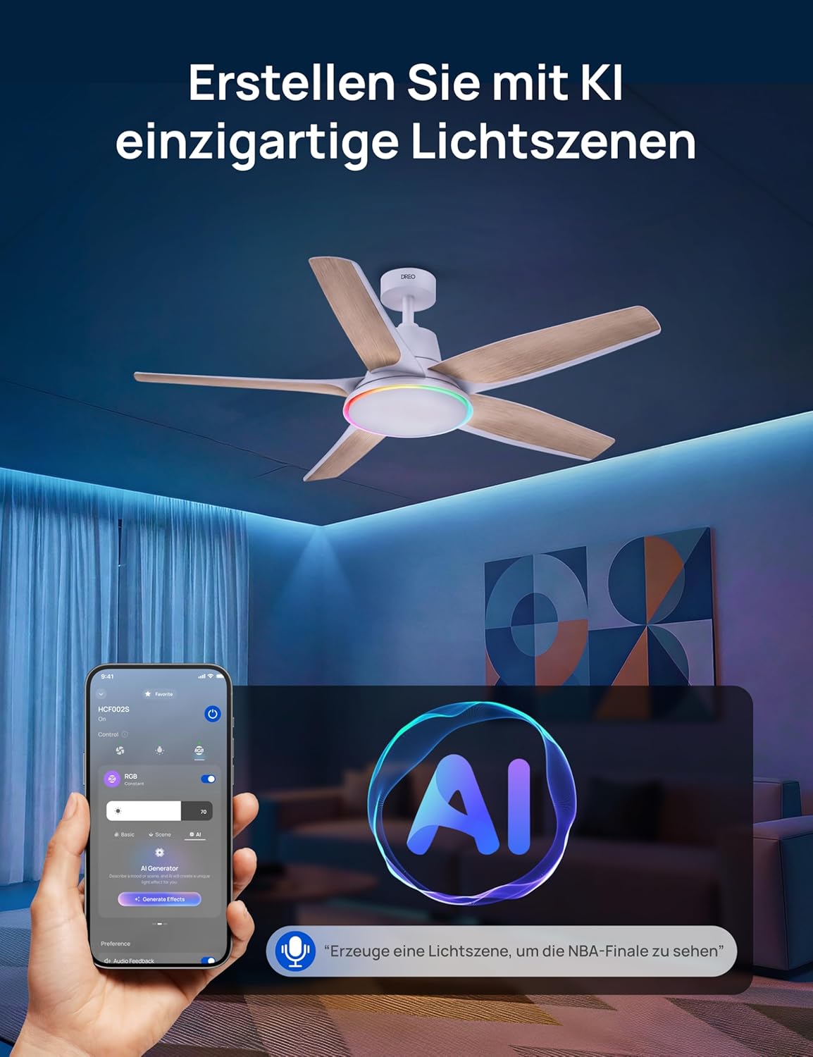 Smarter Deckenventilator mit Licht und App-Steuerung, Weiss