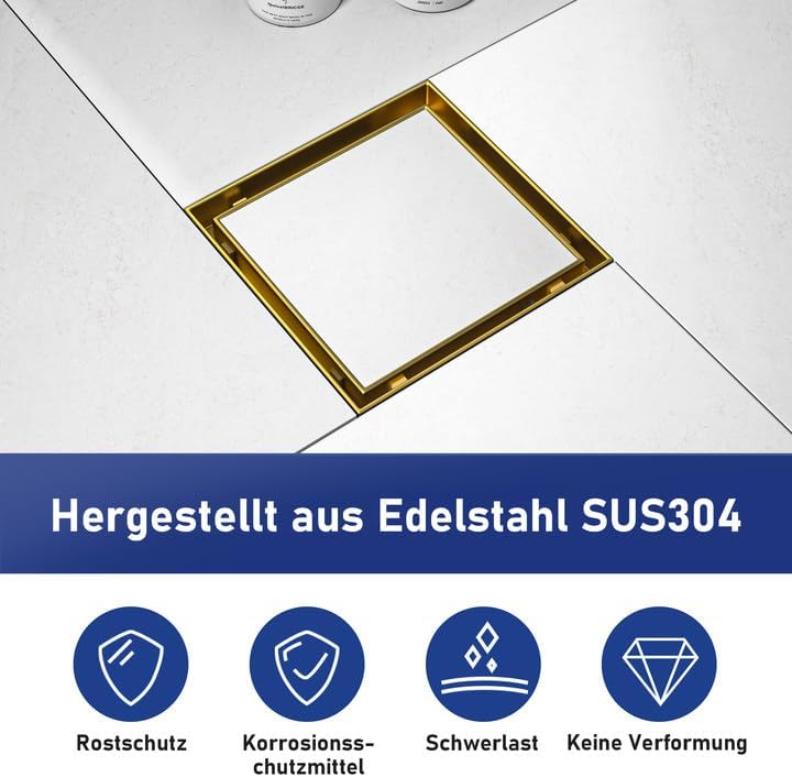 Duschrinne mit Geruchsstop und Haarsieb, Gold 10cm