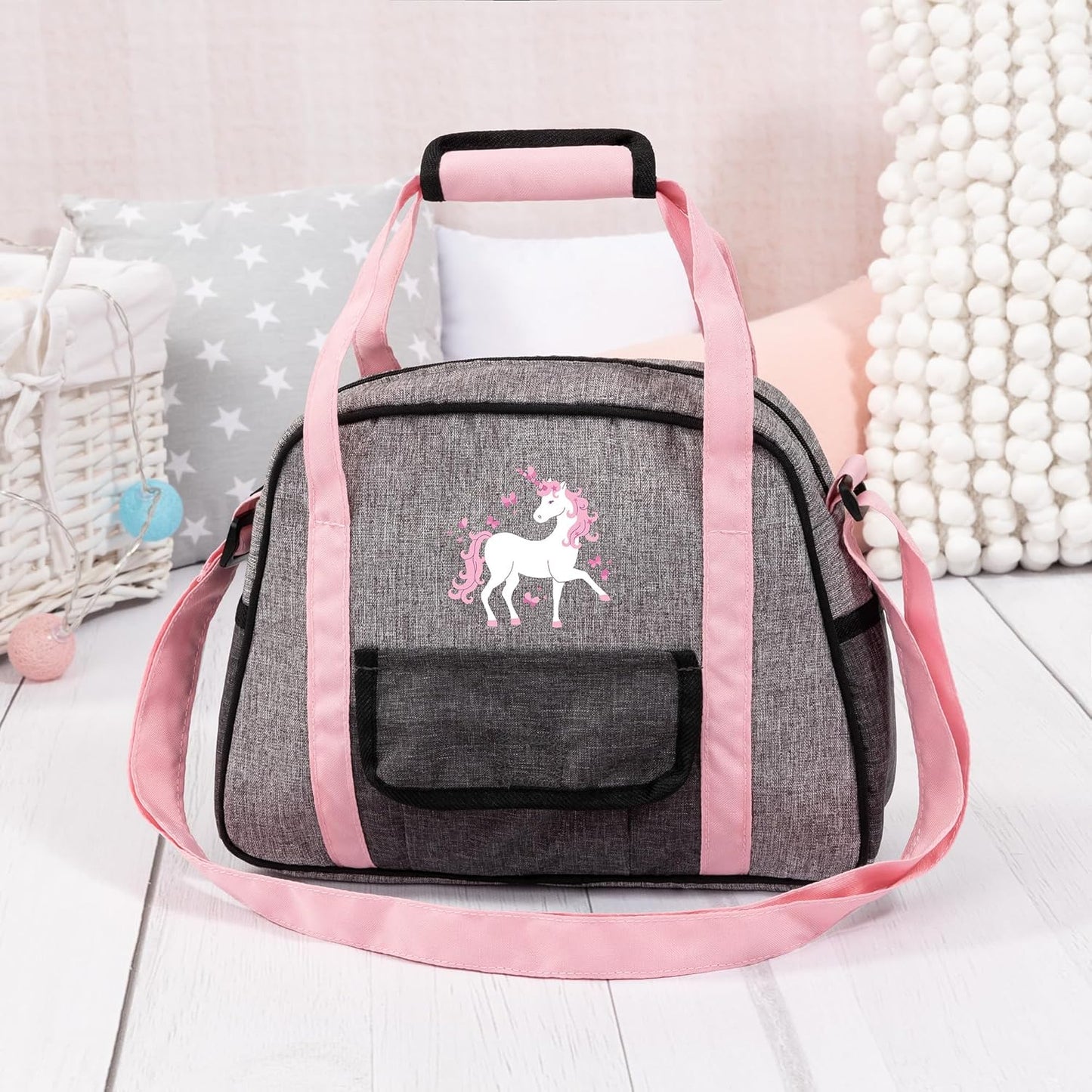 Wickeltasche für Puppen mit Zubehör-Set, Jeans-Grau, rosa, Wickeltasche