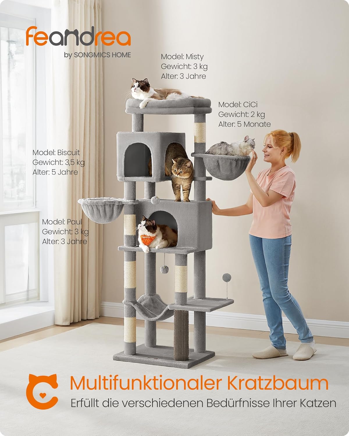 Kratzbaum mit Höhlen und Liegemulden, XL (57 x 45 x 175 cm) taubengrau