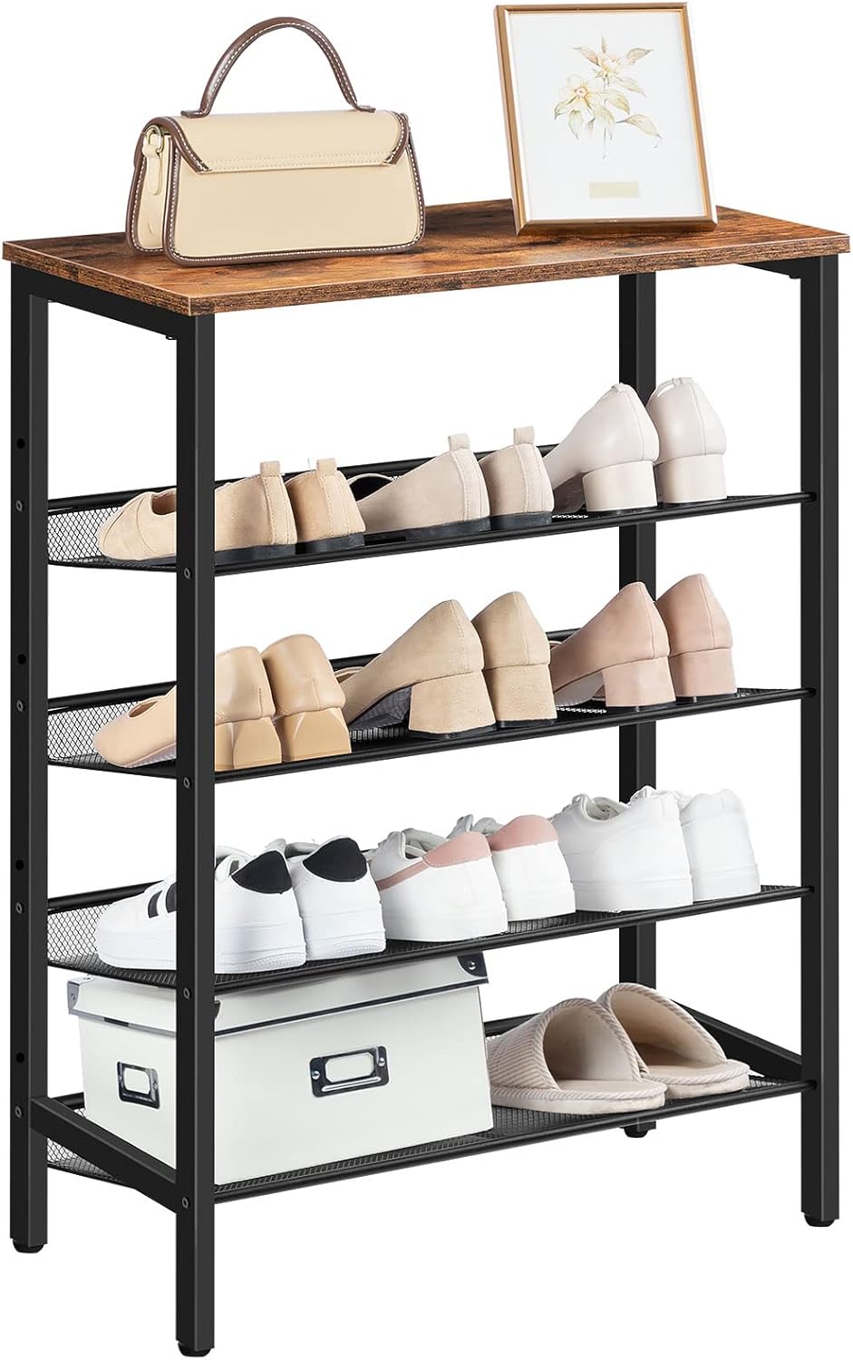 5-lagiges Schuhregal, Dunkelbraun + Schwarz 60 x 30 x 85 cm