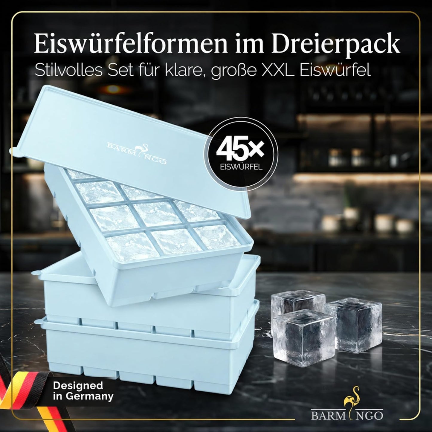 3er Set Eiswürfelform mit Deckel, 15 XXL Würfel Pastell Blau 3