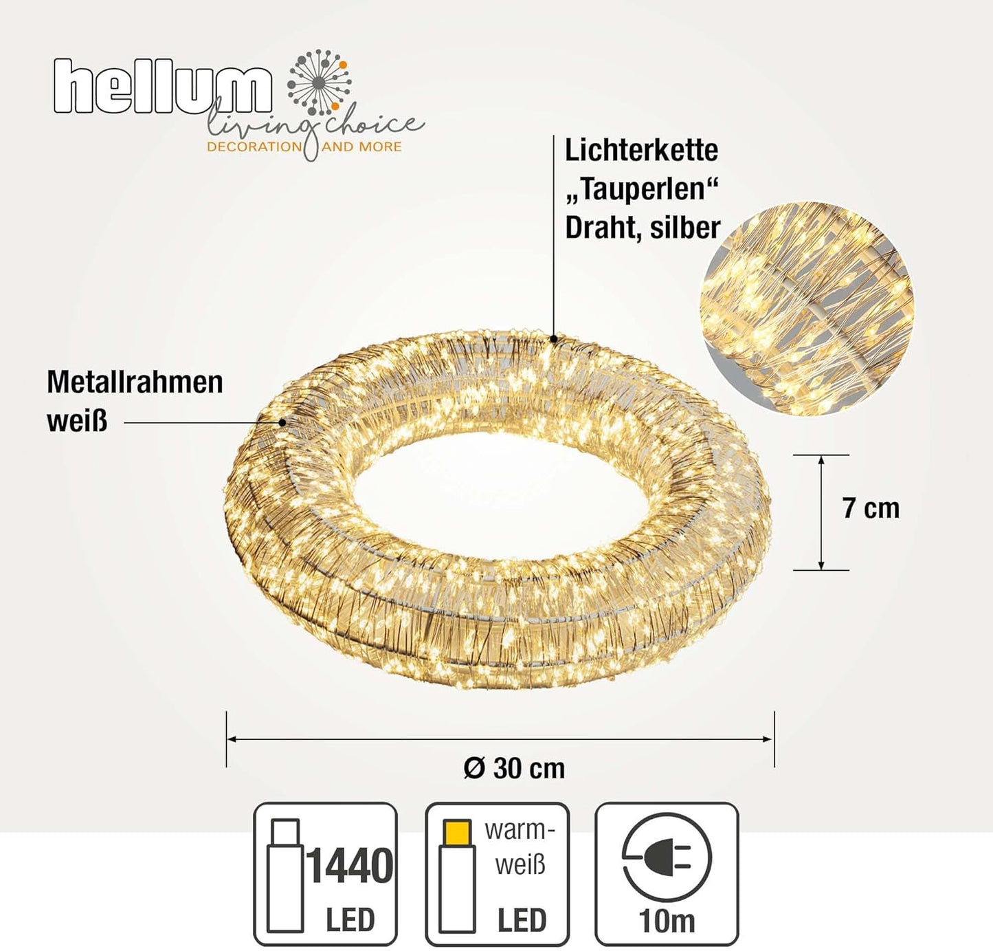 LED Lichterkranz mit Timer, 30cm, 1440 warmweisse LEDs, Warmweiß - Kranz mit Tauperlen-lichterkette ø 30cm / 1440 LED