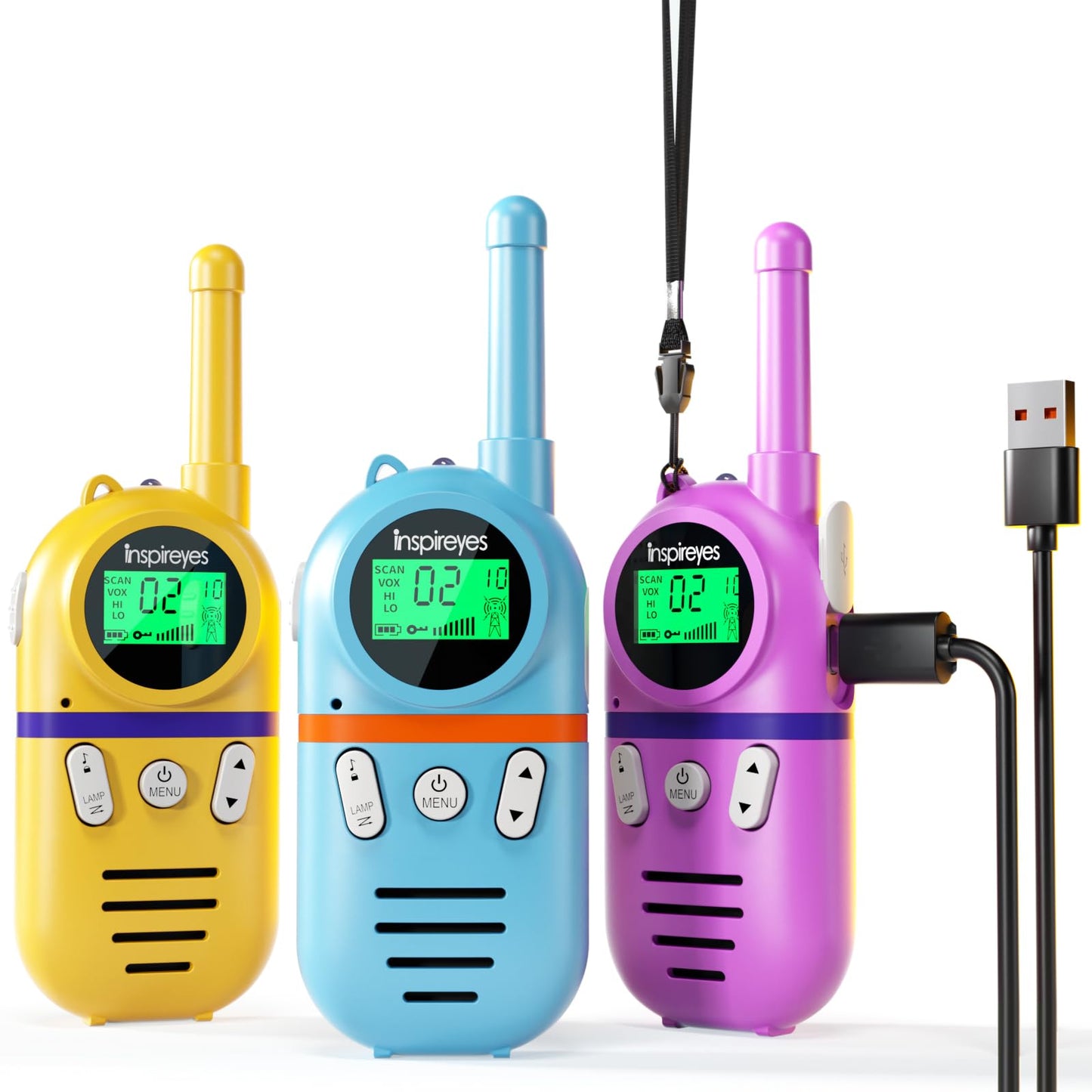 3 x Walkie Talkies für Kinder, Rosa+Gelb+Blau 3er Set