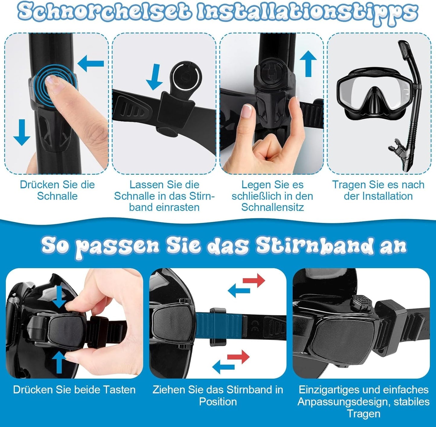 Schnorchelset mit Taucherbrille und Trockenschnorchel, Schwarz