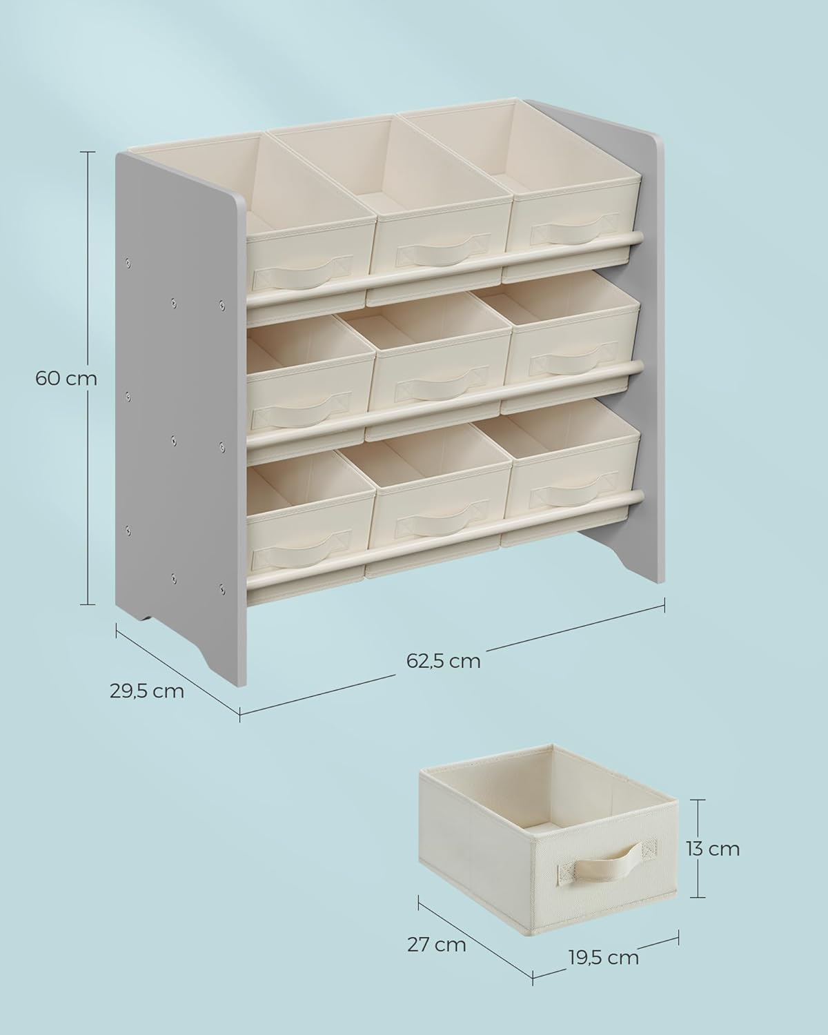 Kinderregal mit 9 Aufbewahrungsboxen, Taubengrau