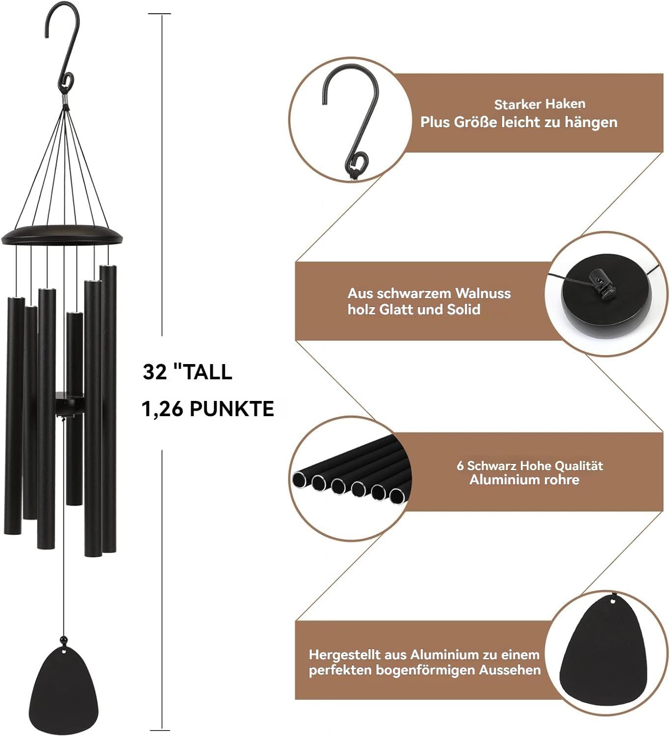 Windspiel mit 6 Röhren, 32" Schwarz