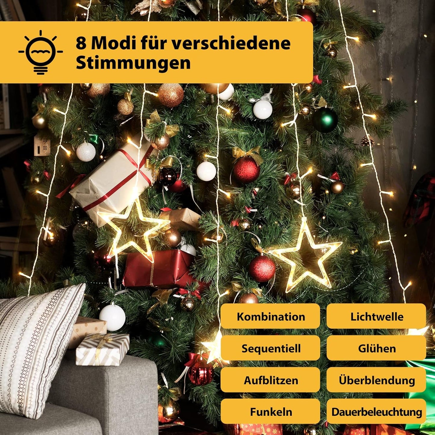 Christbaumbeleuchtung mit Fernbedienung und 9 Modi, Warmweiss Sternspitze Usb 1,5m+1m