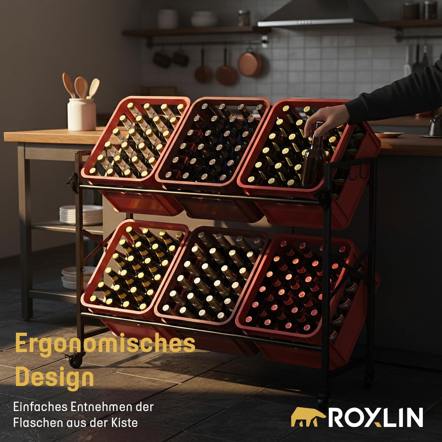 Getränkekistenregal für 6 Kisten, 6 Kisten auf Rollen