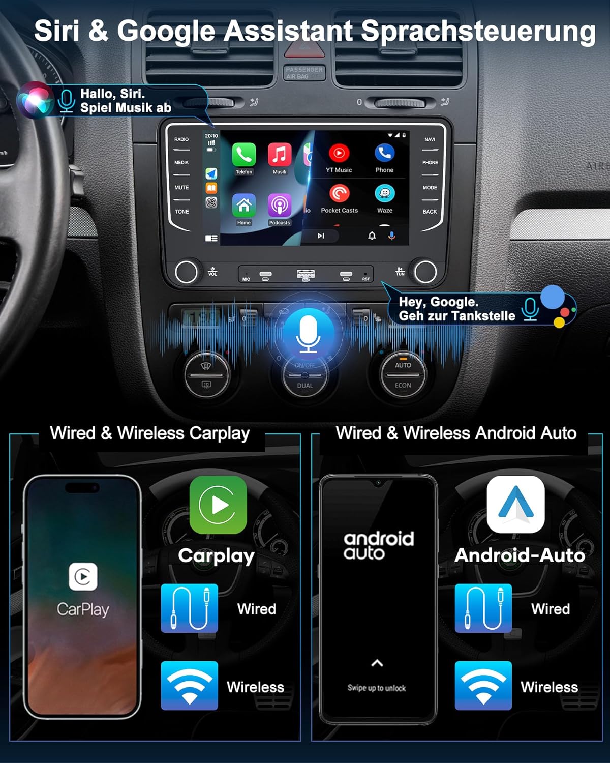 2DIN Autoradio mit Navi, Android Auto und Carplay für VW/Seat/Skoda