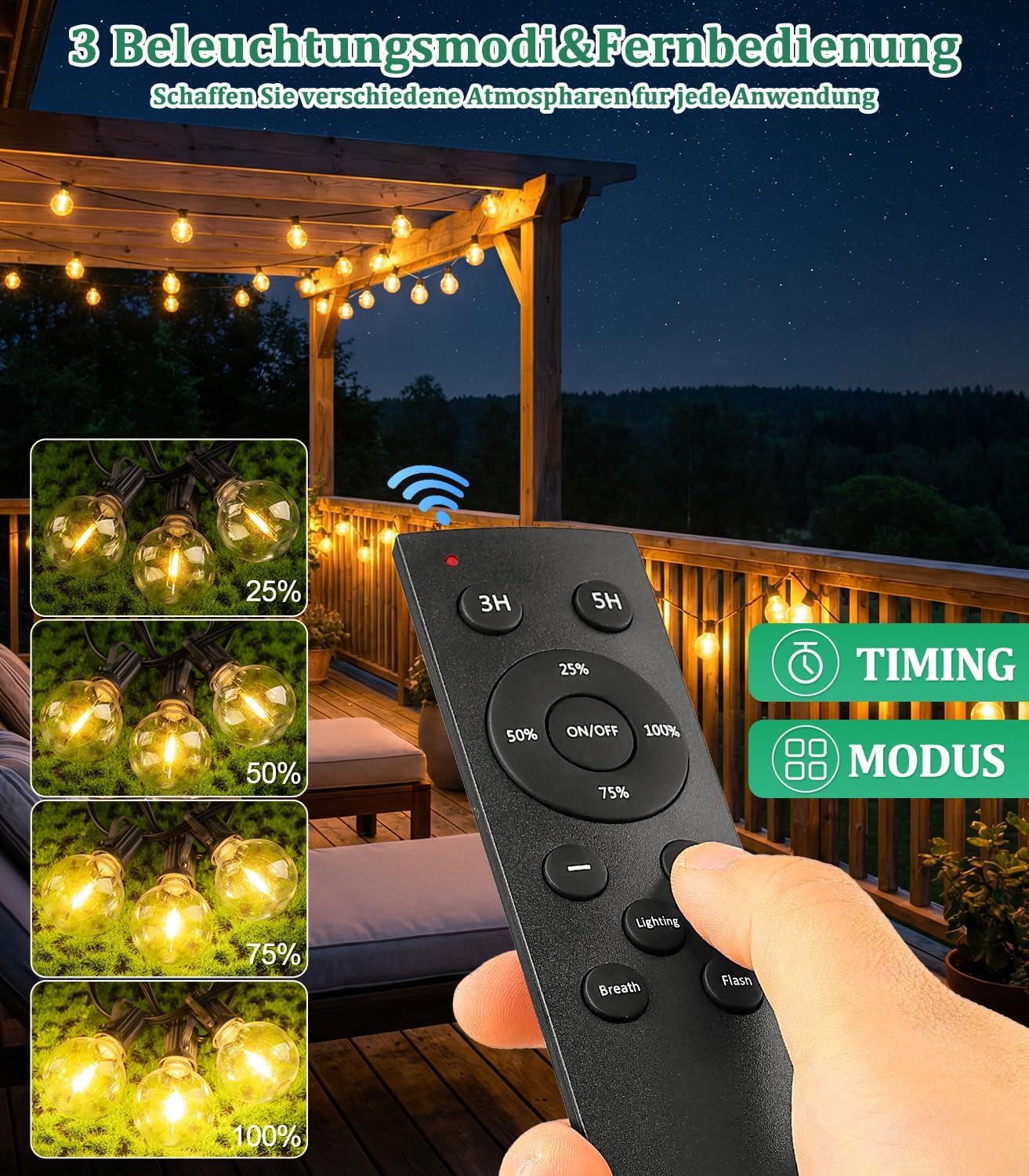 Solar G40 LED Lichterkette mit Fernbedienung, 30M-Solarenergie