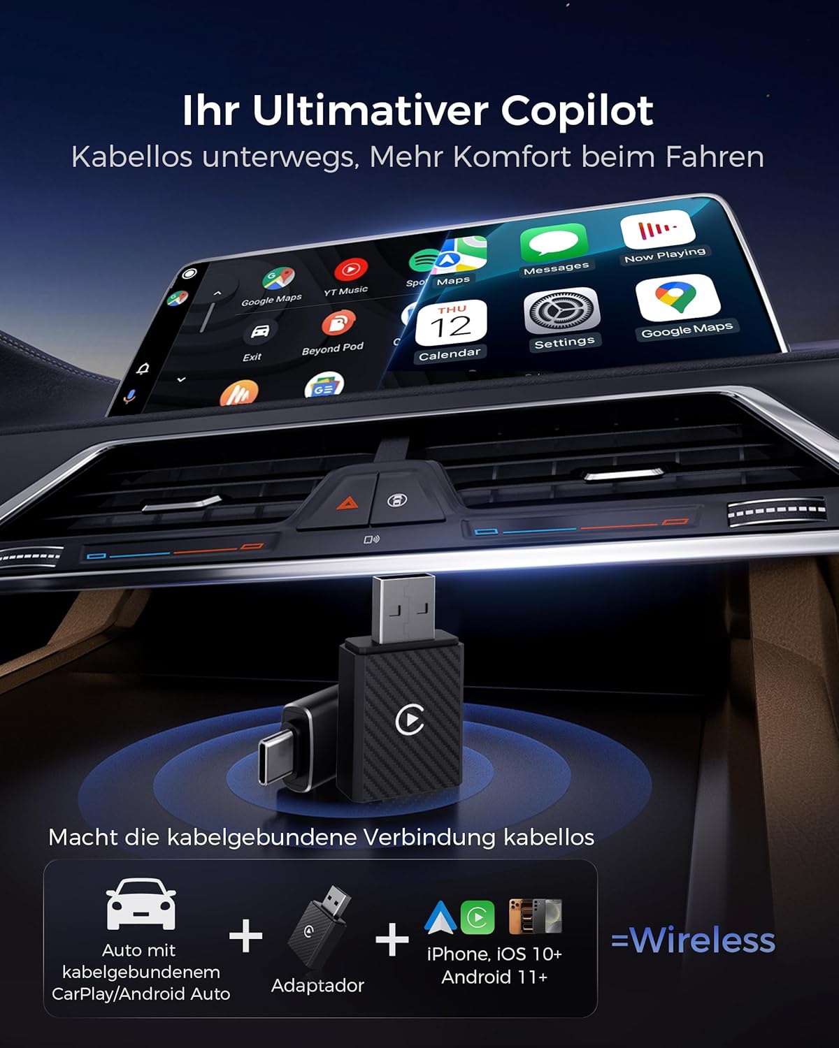 2-in-1 CarPlay & Android Auto Wireless Adapter, Schwarz