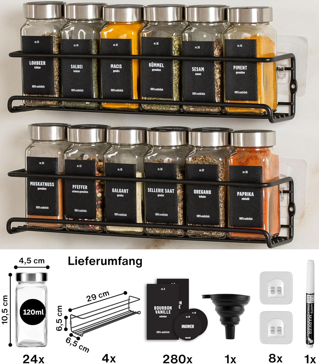 Gewürzregal-Set zum Aufhängen, mit Gläser, Deckel Edelstahl