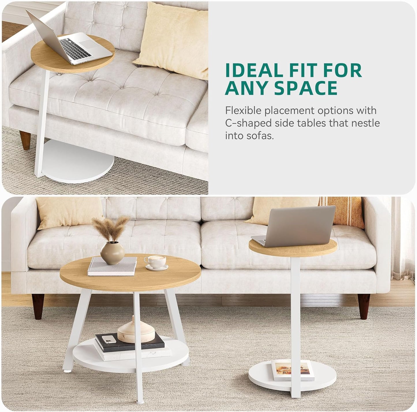 Runder Couchtisch-Set mit Stauraum (2-teilig), Naturholzfarbe