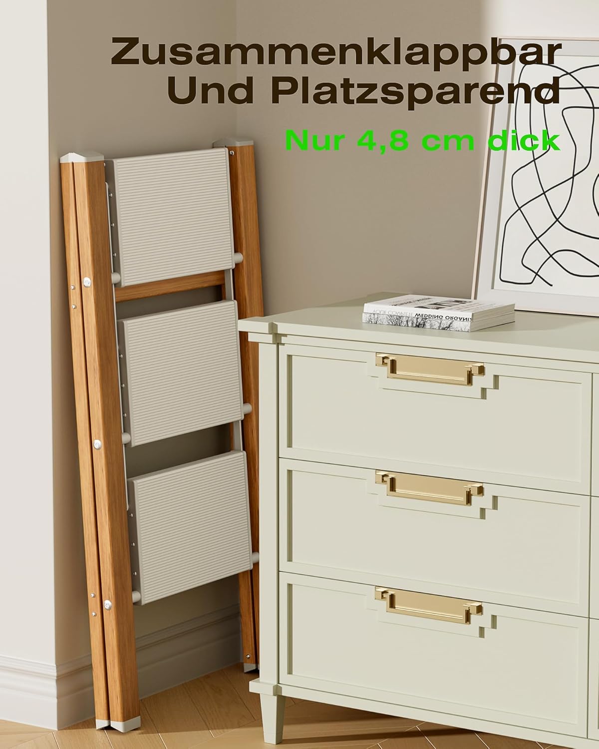 Klappbare Trittleiter 3 Stufen, 150 kg Kapazität, Weiss Holz Optik 3 Stufen