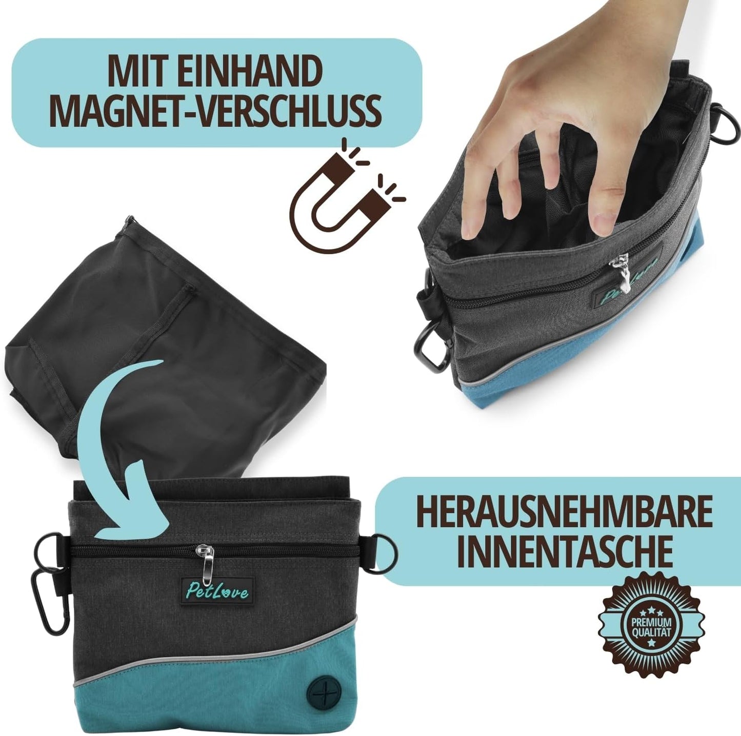 Leckerlibeutel mit Magnetverschluss & Kotbeutelspender, L Türkis