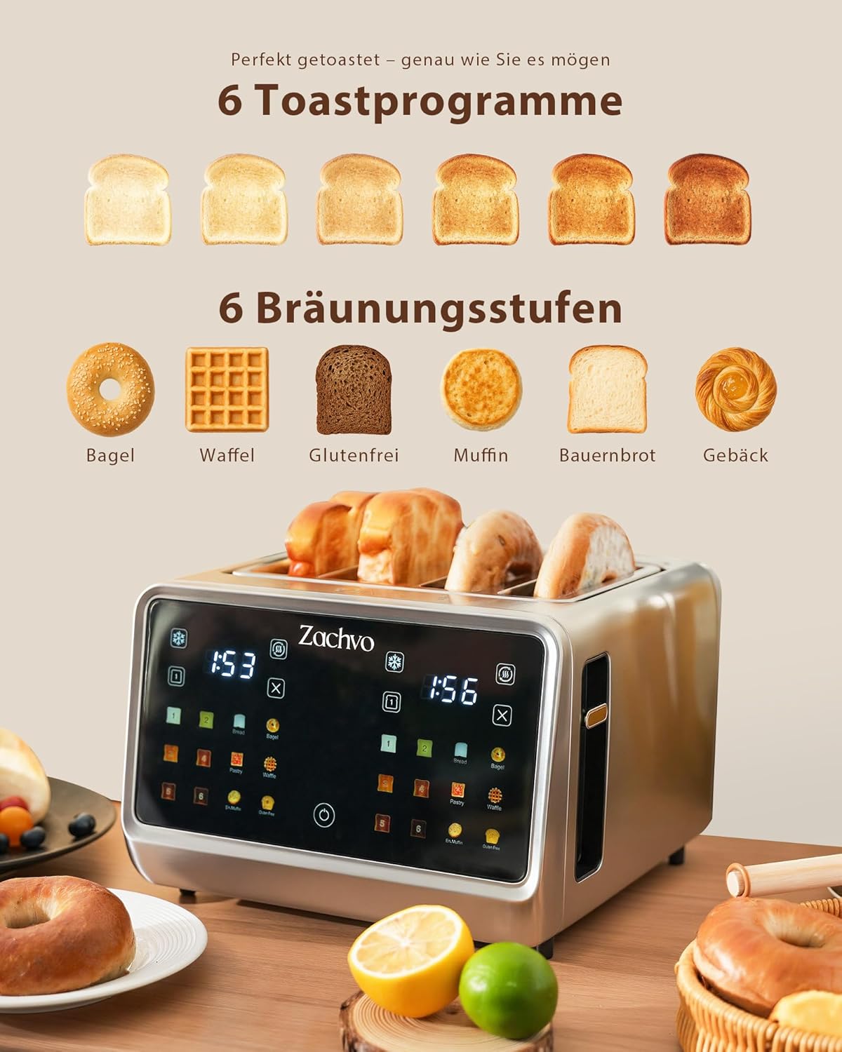 Edelstahl-Toaster mit Touchscreen & LED Countdown, Silber Sandwichhalter & Brötchenaufsatz
