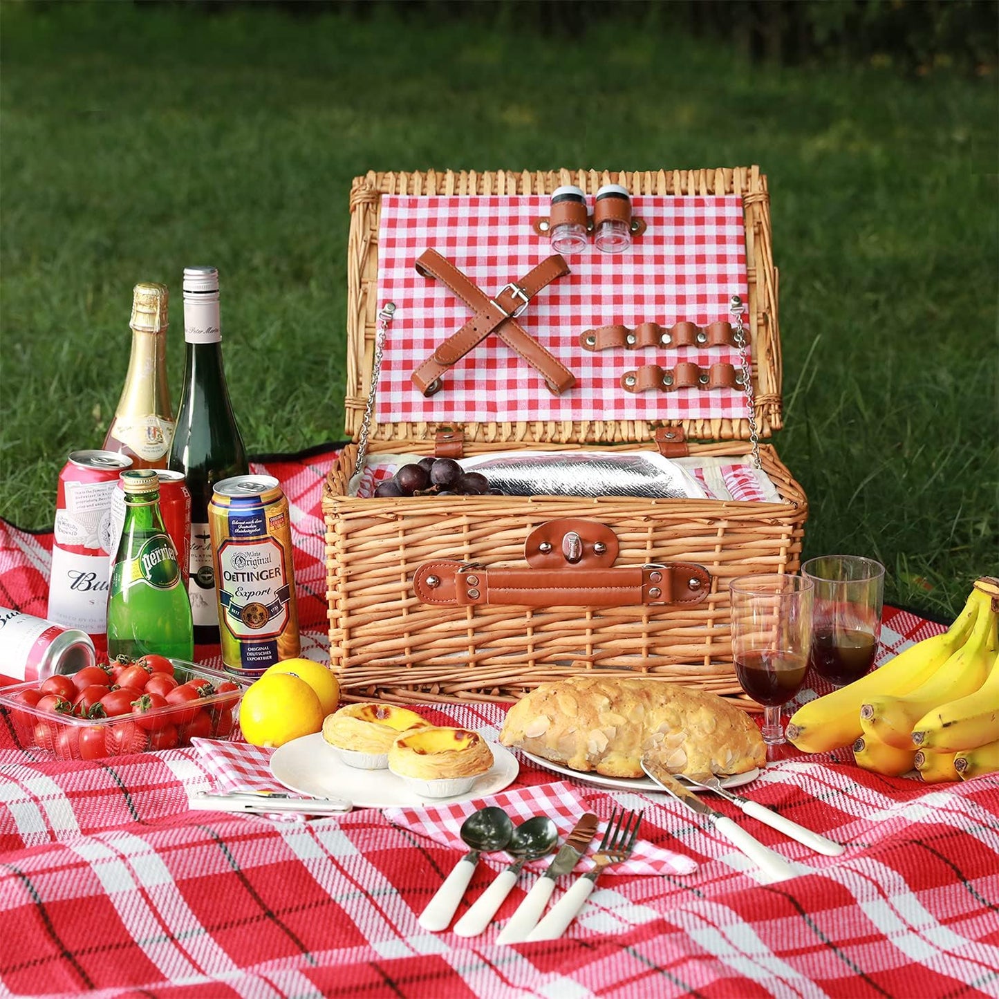 Picknickkorb mit Kühlfach für 2 Personen, Rot Kariert