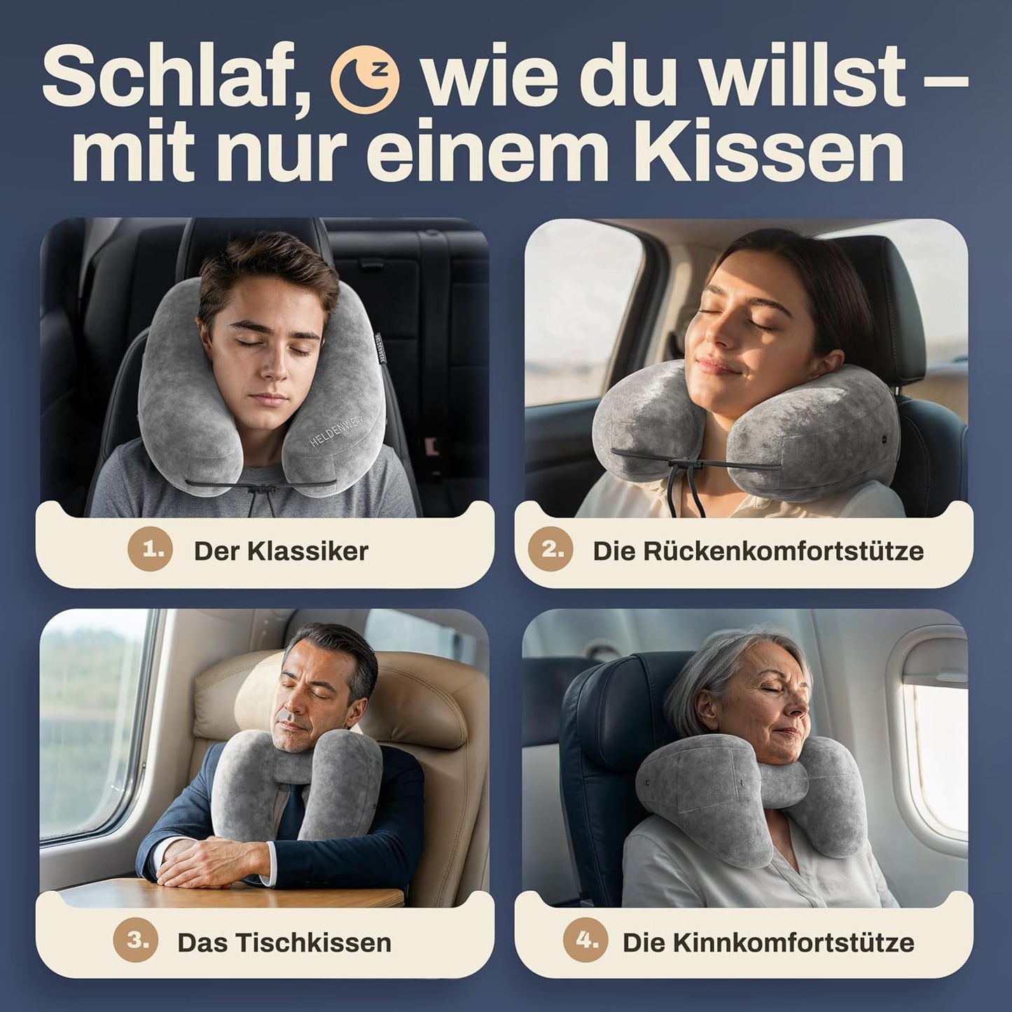 Aufblasbares Nackenkissen mit abnehmbarer Kapuze, Grösse L, Hellgrau Gross - passt den meisten