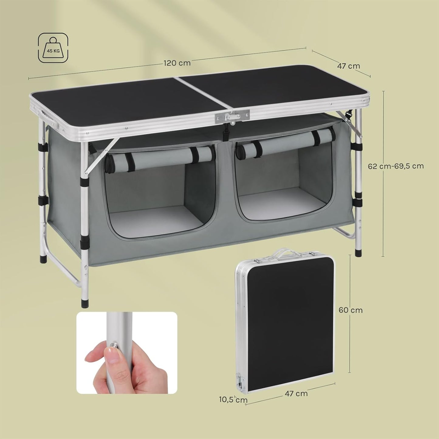 Faltbarer Campingtisch mit Stauraum, Schwarz+grau
