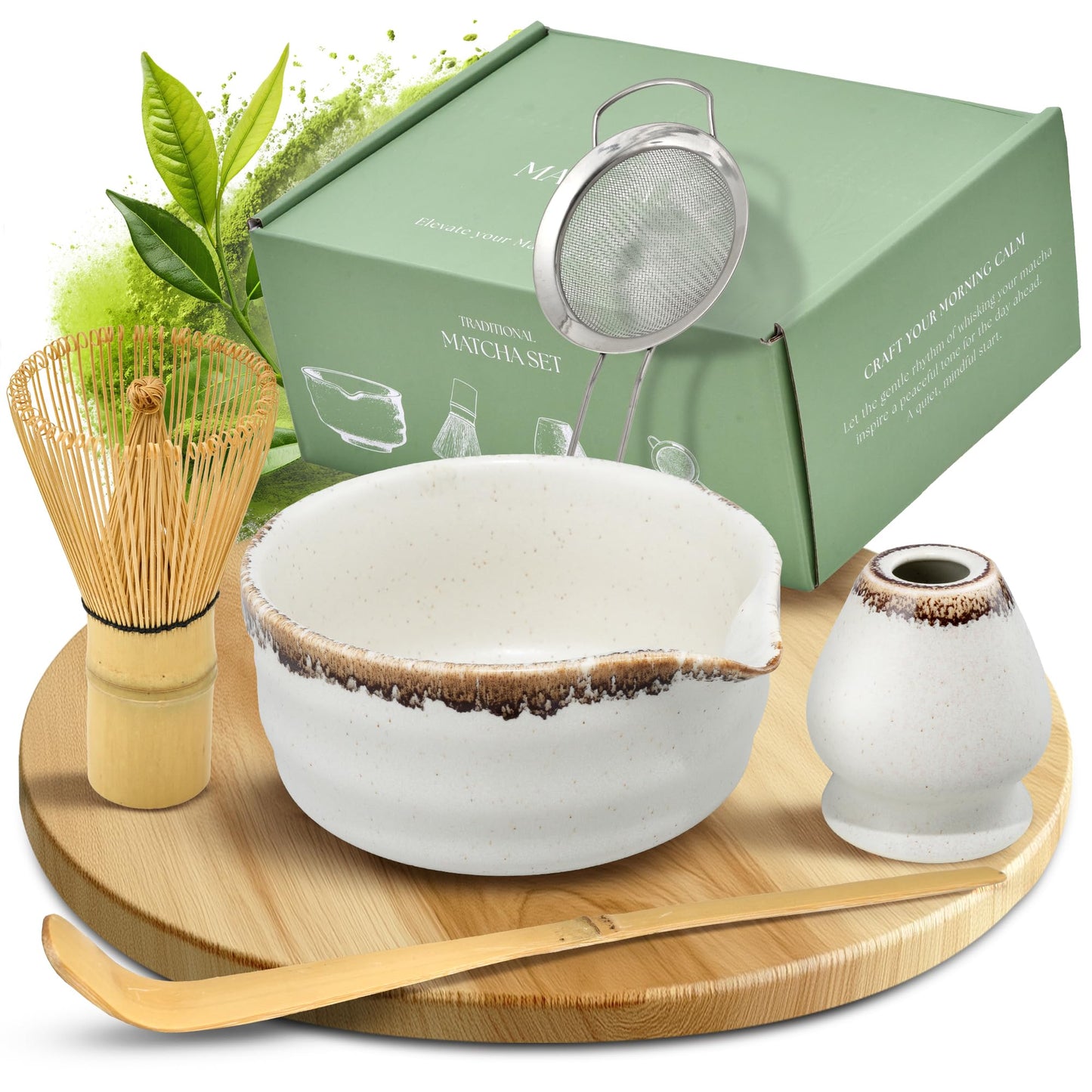 5-teiliges Matcha-Teeset, Weiss mit Braunem Rand
