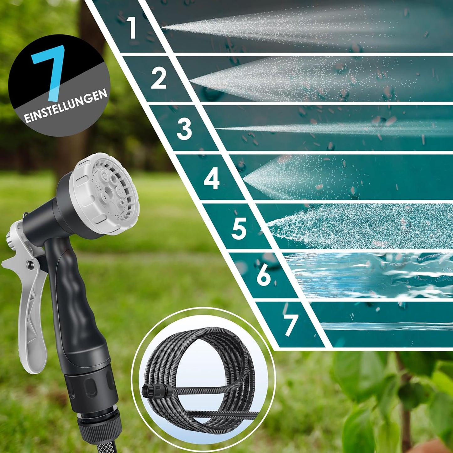 Schlauchtrommel mit 20m Gartenschlauch und 7-Funktionen Brause, 20m Anthrazit / Schwarz