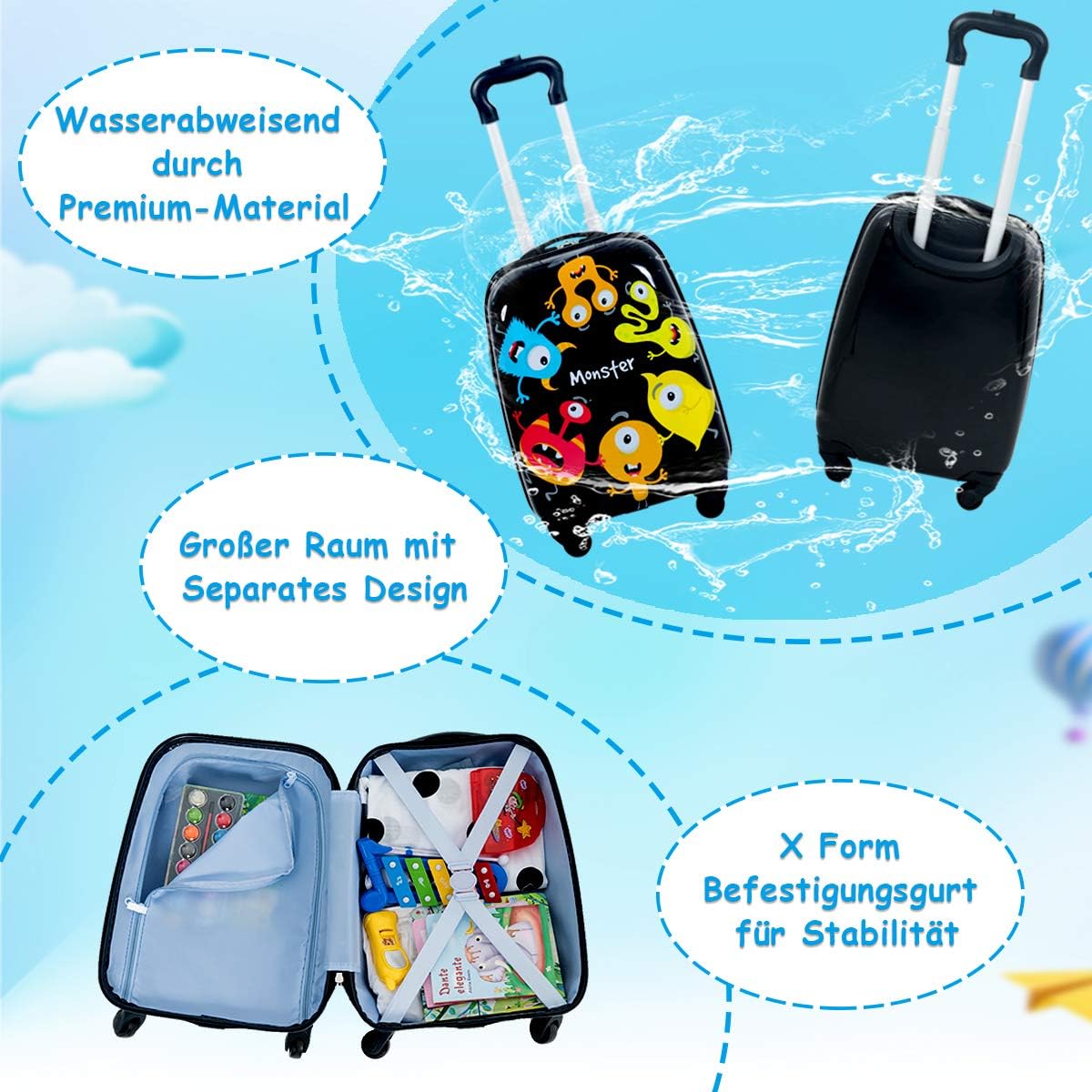 Kinderkoffer mit Rucksack Set, 16 Zoll +12 Zoll, Schwarz