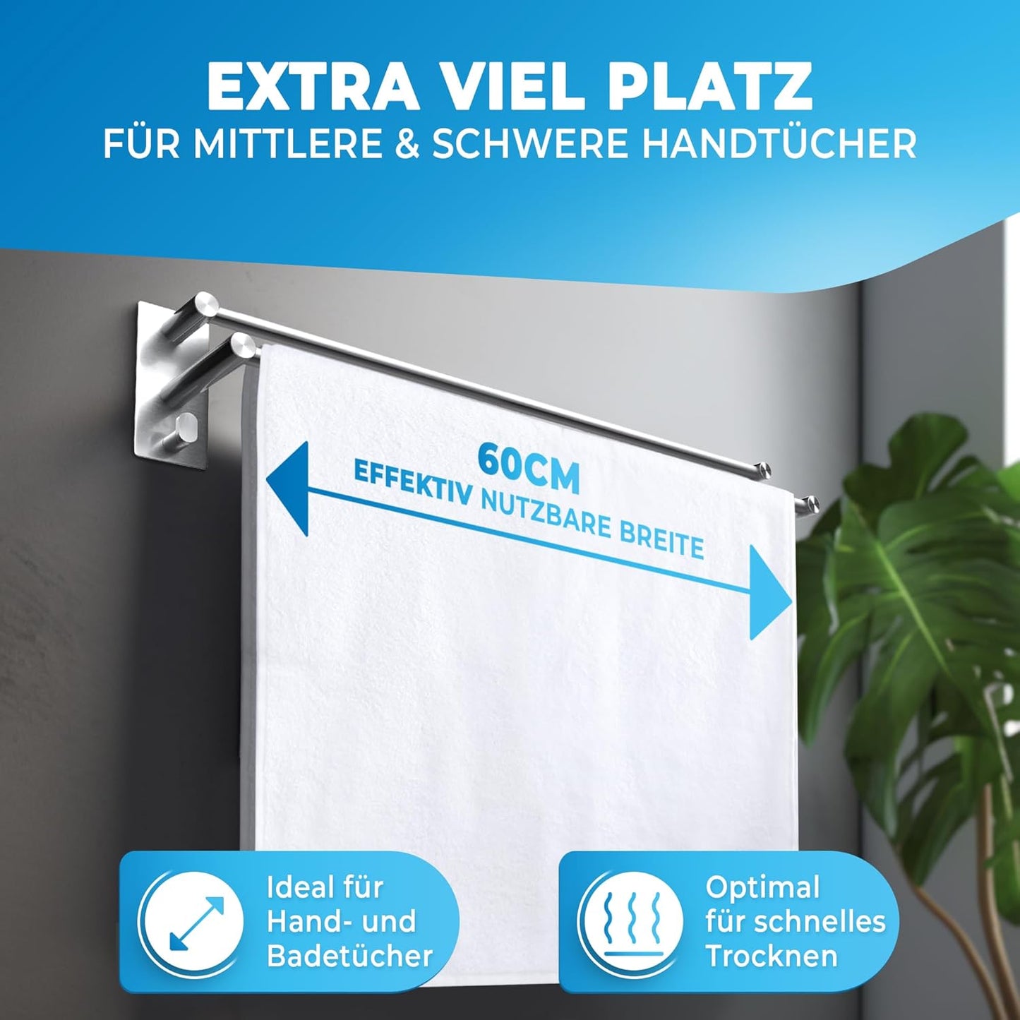 Handtuchhalter doppelt ohne Bohren, selbstklebend 60cm, 60cm Silber
