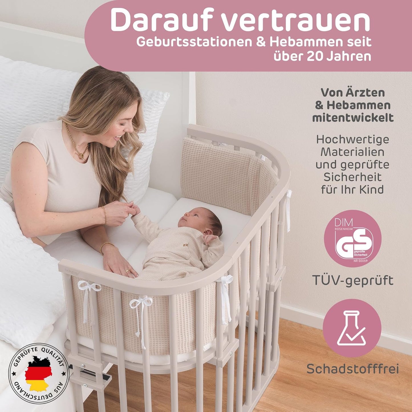 Höhenverstellbares Beistellbett mit Matratze, Beige Lackiert / 87L x 46B x 79H cm / Mit Matratze