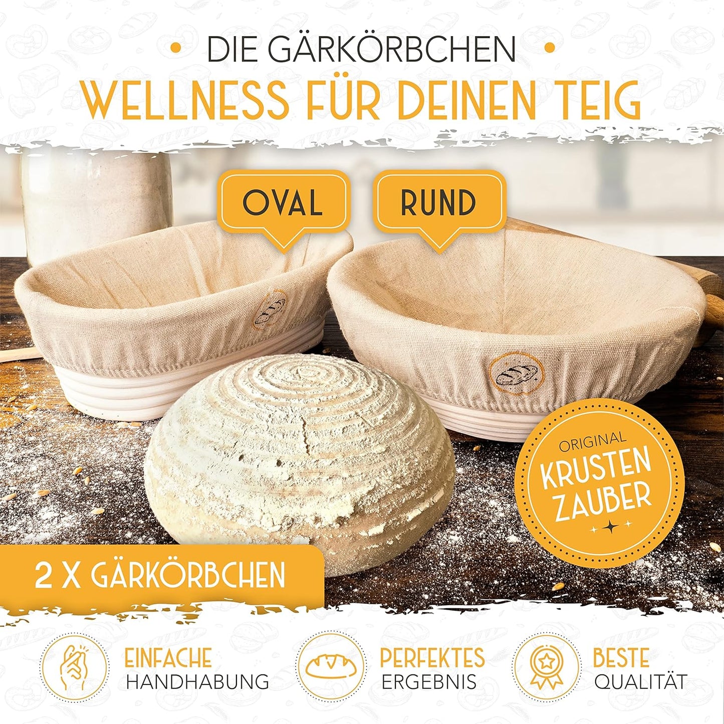 Gärkörbchen Set für Brotbacken, Bäckermesser + Gärkorb-Set 23+25cm