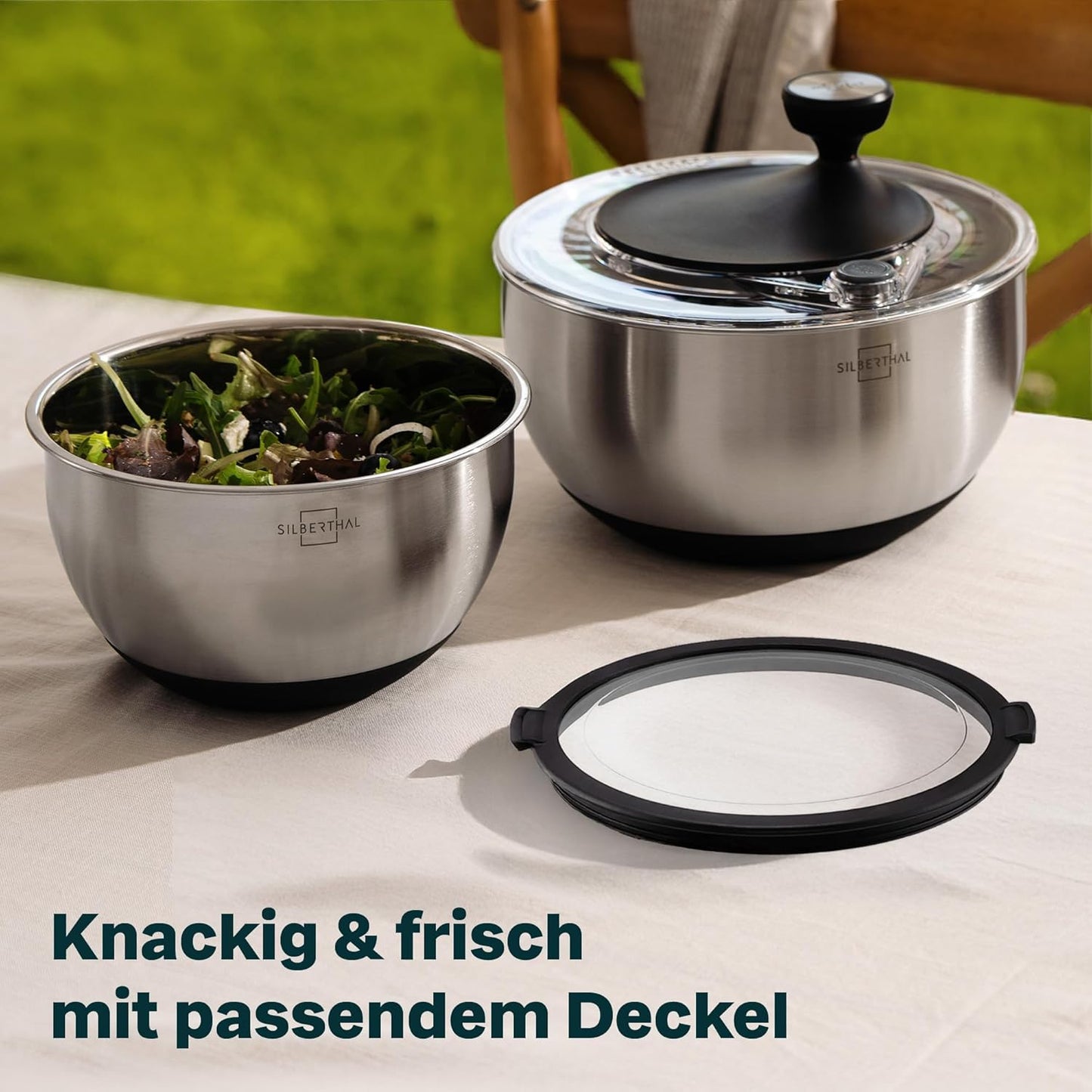 Salatschleuder-Set mit Dressingshaker (Edelstahl, 4,7 L), Geschenkset Salatschleuder + Dressingshaker