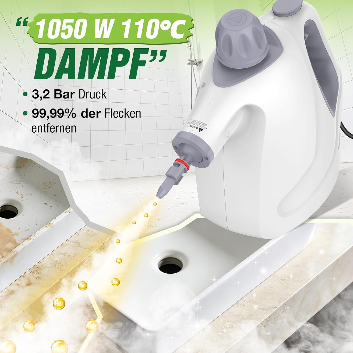 Handdampfreiniger 1050W mit 10 Zubehörteilen, Weiss