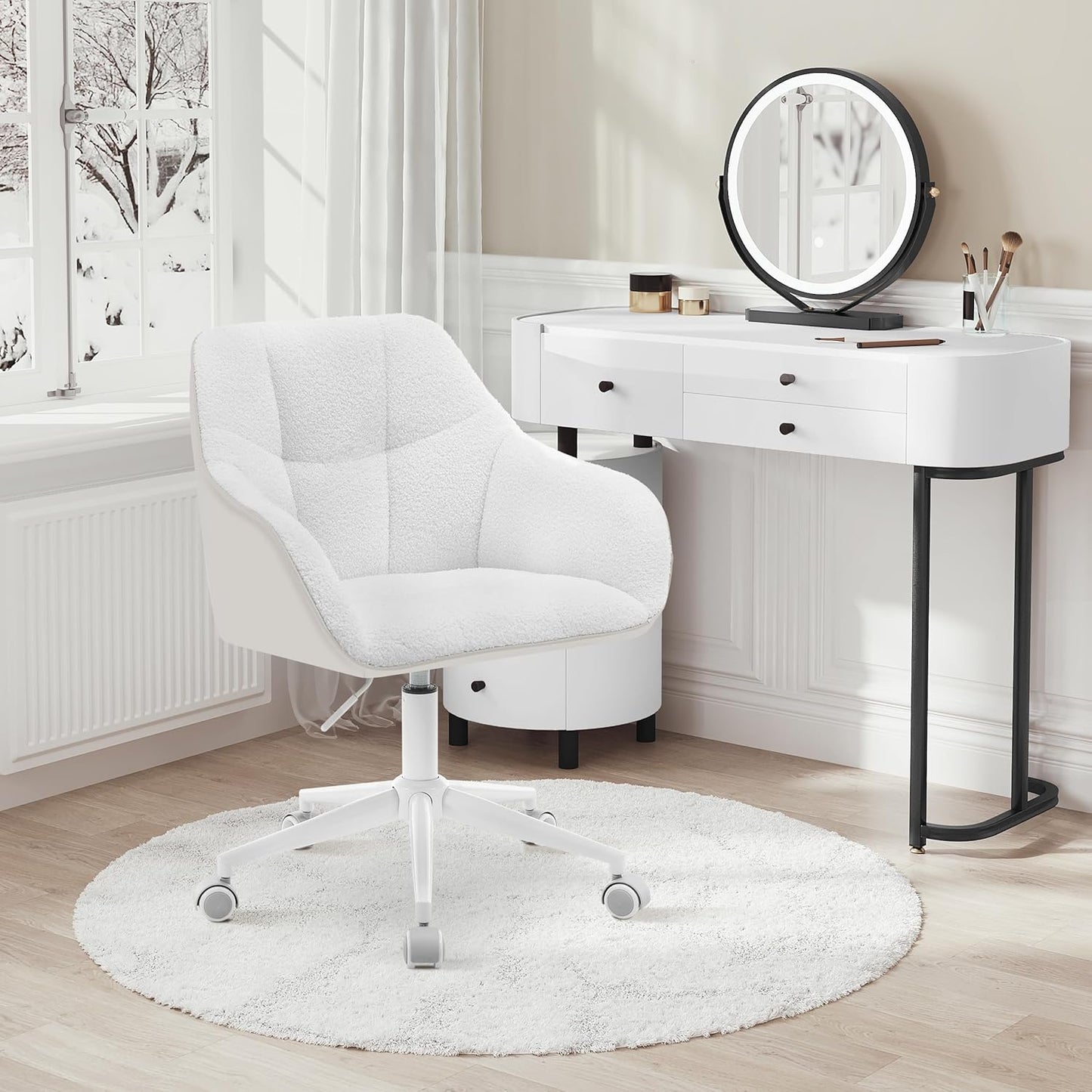 Höhenverstellbarer Homeoffice-Drehstuhl BS175grcm, Creme + Beige Bouclé Stoff + PU