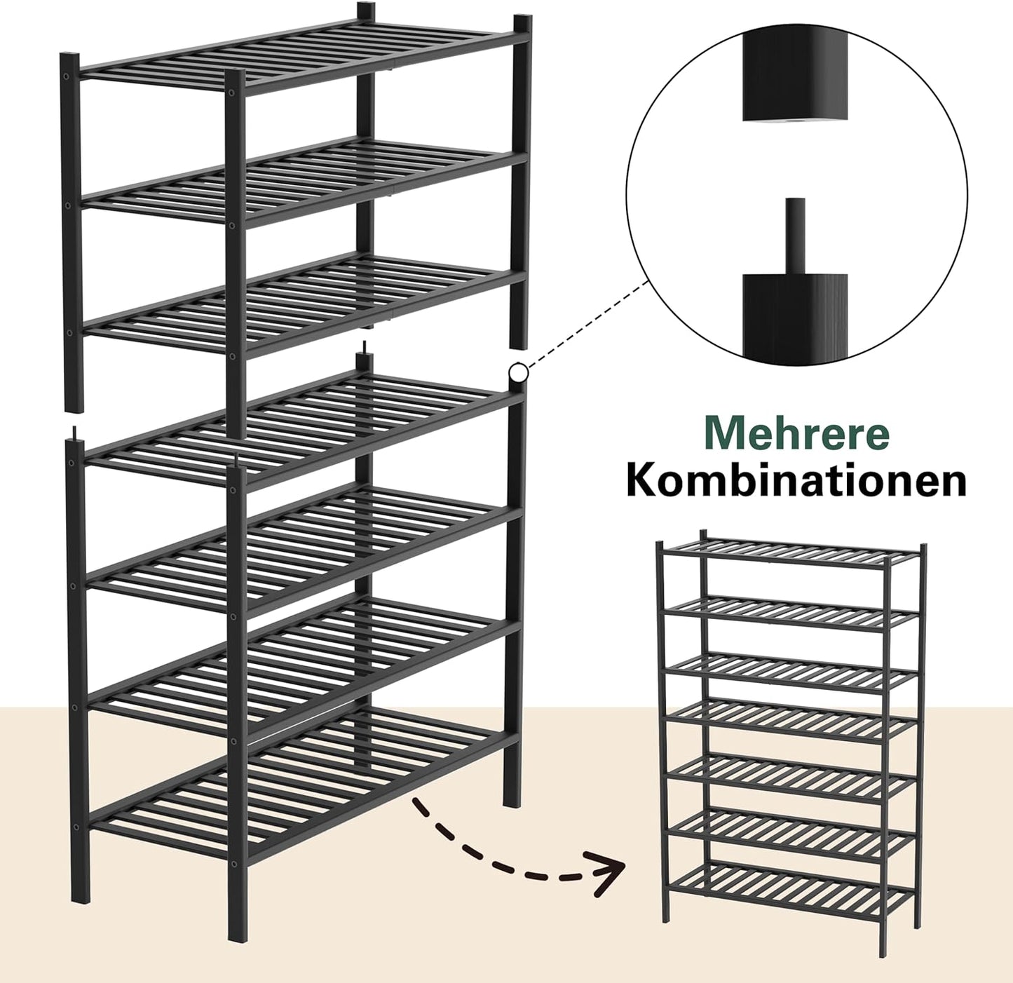 Schuhregal aus Bambus, 4-Ebenen stapelbar, 4 Ebenen Schwarz