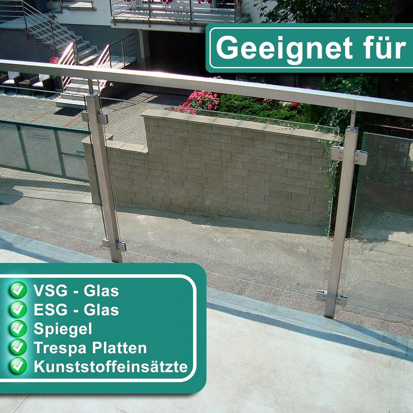 Glashalter-Set mit Sicherungsplatte, Anschluss: Flach | Glasdicke: 10 mm