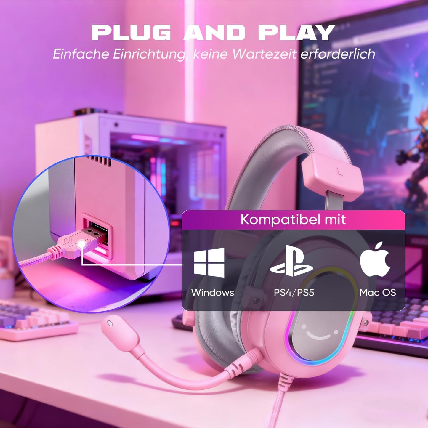 Gaming Headset mit Mikrofon, new pink
