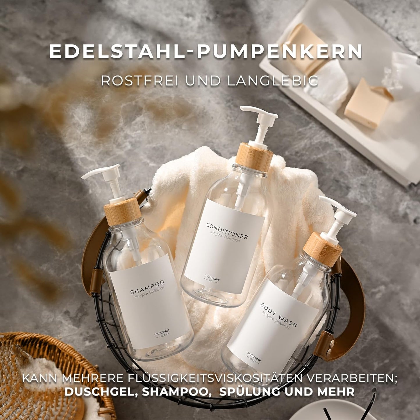3er-Set Shampoo- und Seifenspender, Bambus Klar 3er-set