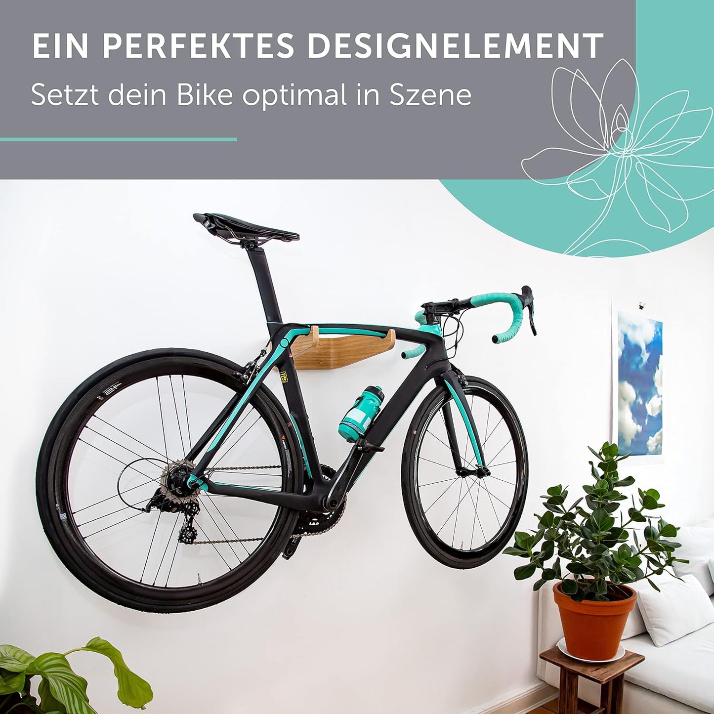 Velo Wandhalterung Holz, S (bis 50cm Lenkerbreite) Eiche | Grau