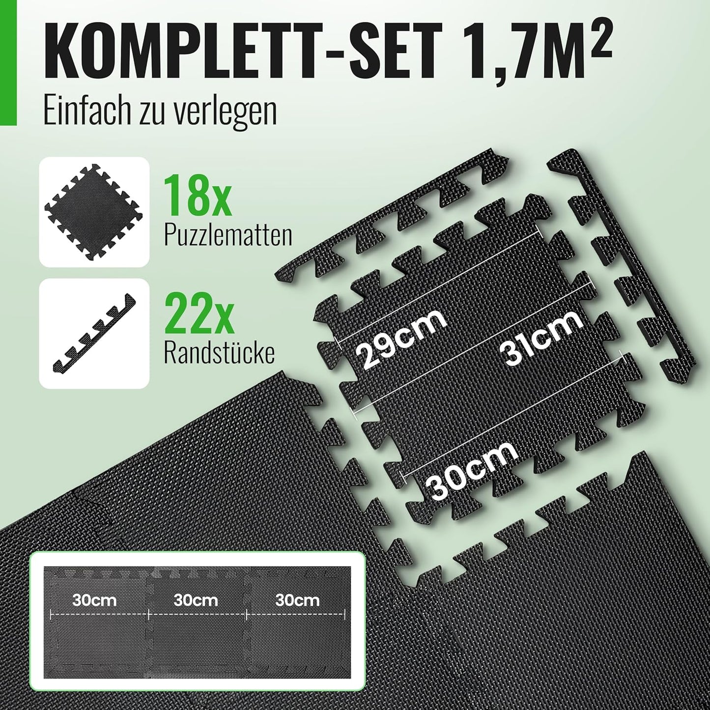 18 Stück Bodenschutzmatte für Fitnessraum (1,7 m²), 30x30 | 18 Stk. | 1,7 M²
