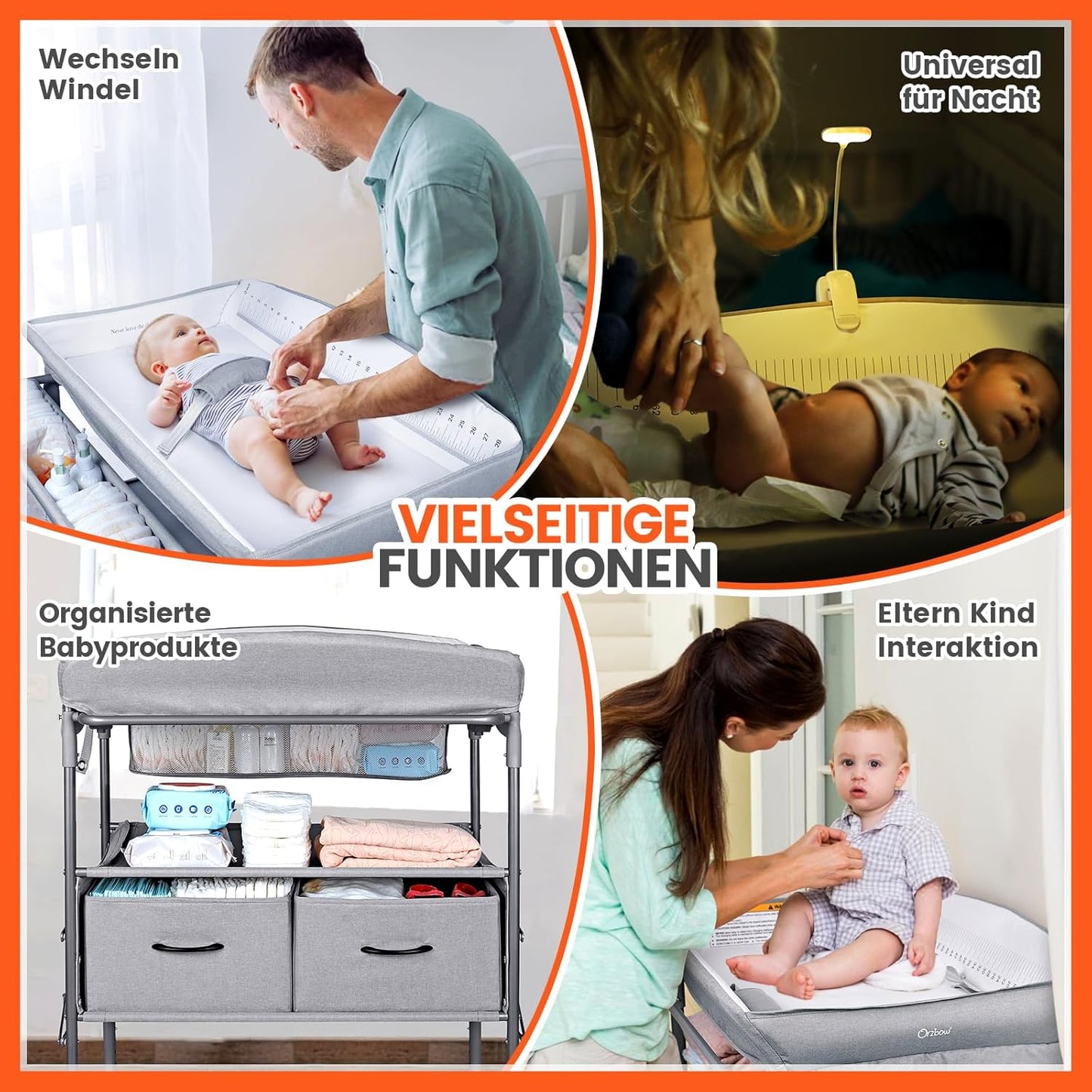 Höhenverstellbarer Baby-Wickeltisch mit Schubladen, Grau mit Schubladen