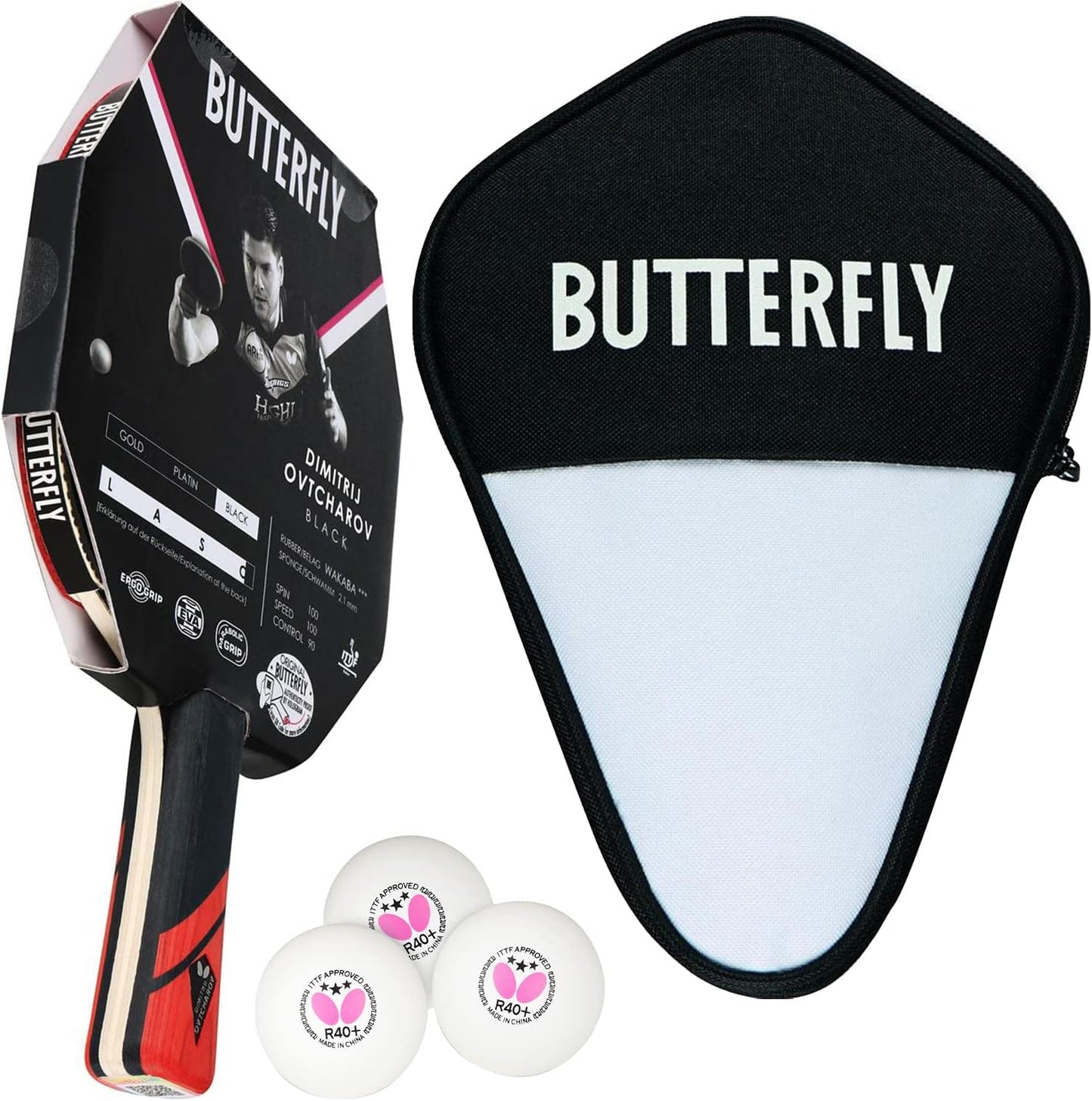Dimitrij Ovtcharov Black Tischtennisschläger, Bundle mit Case CC1 & 3 Bälle