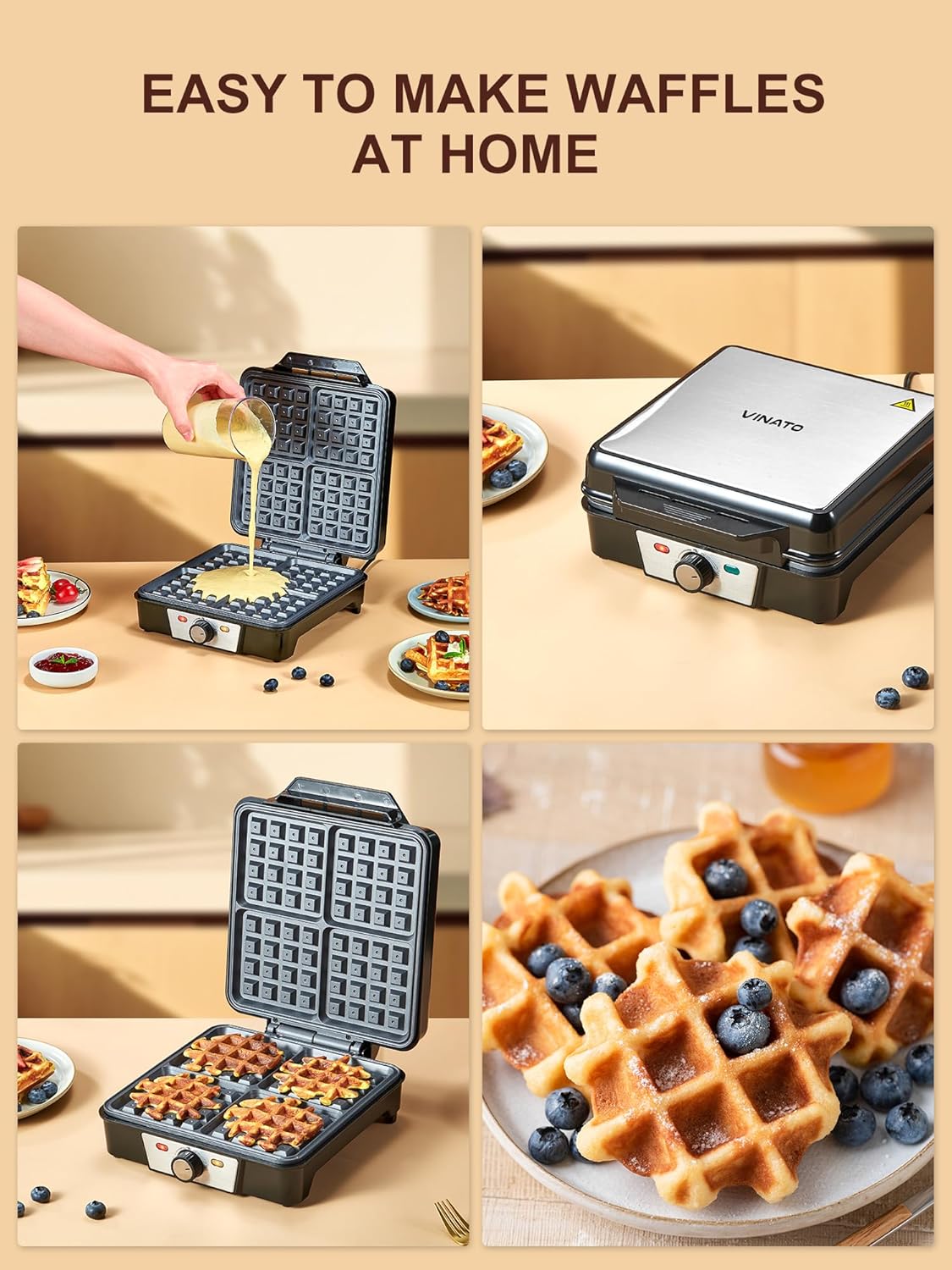 Belgisches Waffeleisen für 4 Waffeln, Schwarz