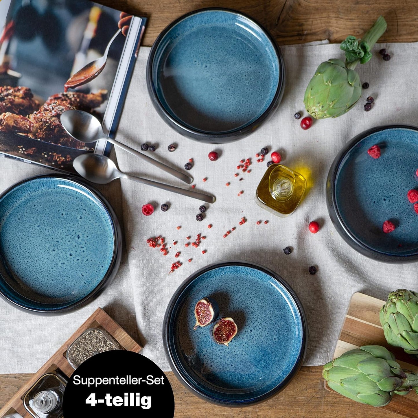4-teiliges Solid Suppenteller-Set, Blau, Suppenteller (4x)