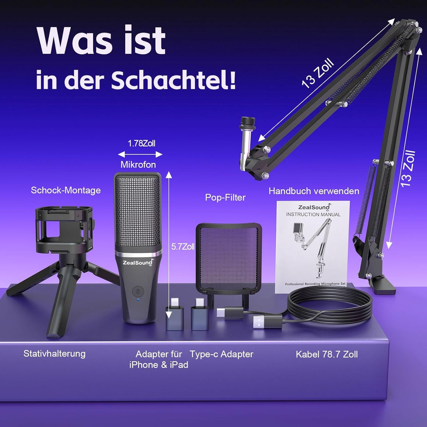 USB Gaming Mikrofon A68S mit RGB/Mute & Ständer-Set, A68S + Stativ & Boom arm