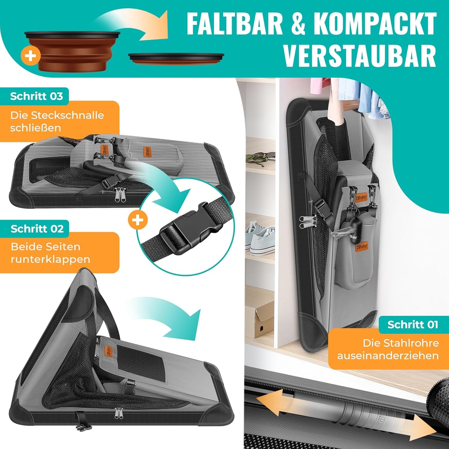 Faltbare Haustier-Transportbox inkl. Hundenapf & Schultergurt, XXXL Hellgrau
