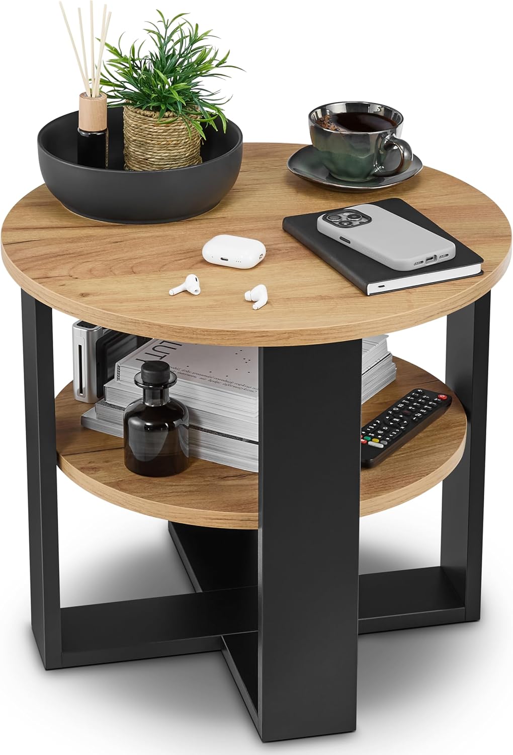 Runder Couchtisch mit Ablage, Schwarz & Eiche Durchmesser: 53CM