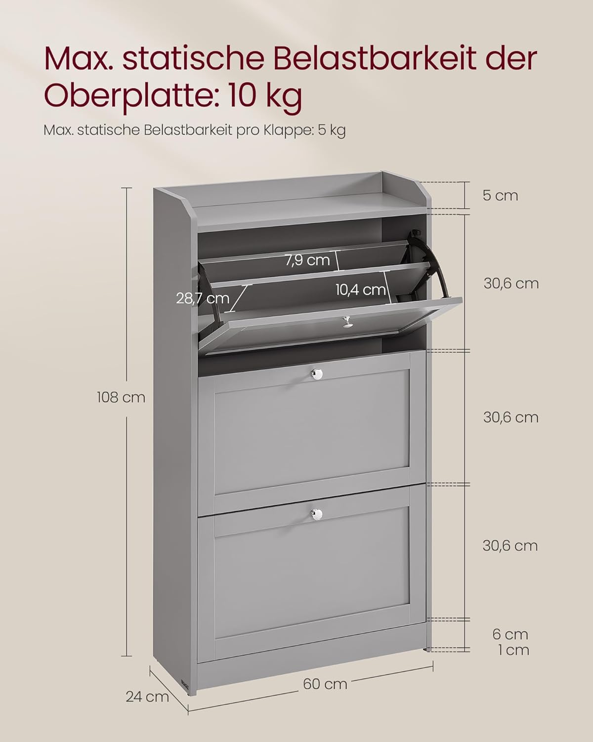 Schuhschrank mit 3 Klappen, Taubengrau